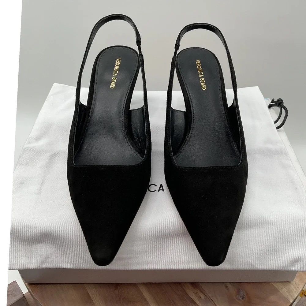 Veronica Beard Cashel Black Suede Pointed Toe Slingback Kitten Heel Pumps 8M - Picture 7 of 15